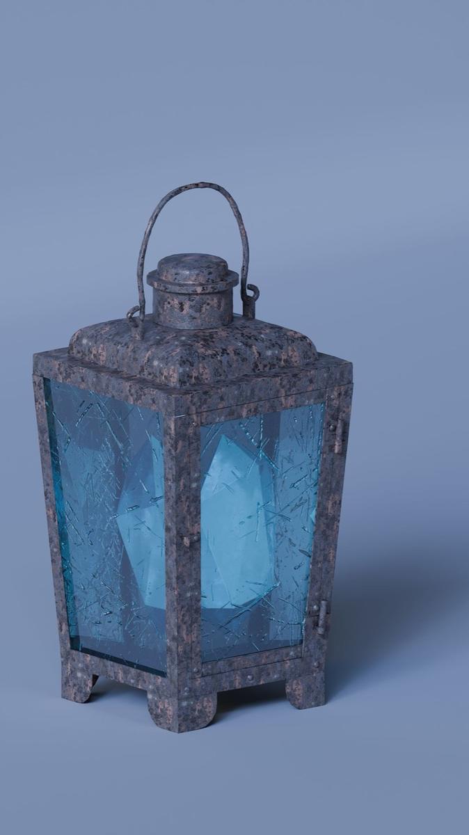 A square iron box lantern, pitted with rust, glazed on each face with a panel of cracked blue glass.